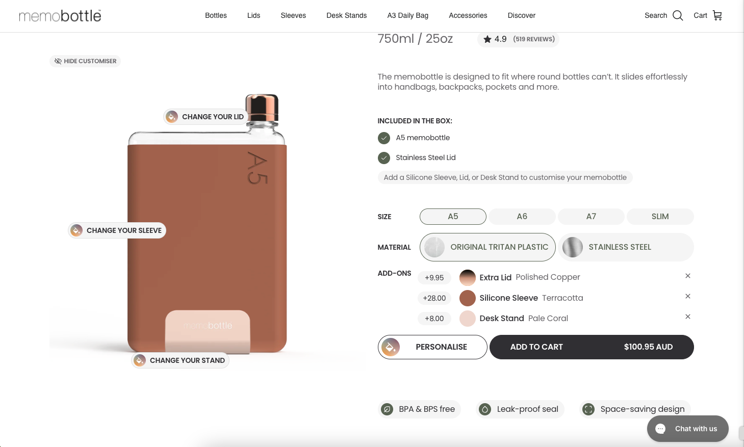 memobottle website on desktop